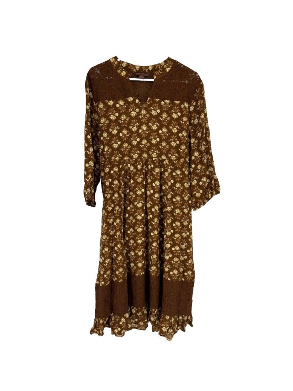 April Cornell Women L Floral Midi Dress Cottagecore Prairie Brown Flowy Boho